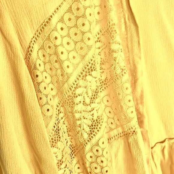 Goldenrod Yellow Crinkled Boho Lace Trim Loose Cardigan Style Top Blouse - Picture 5 of 7